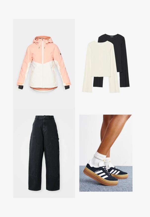 Zimní dámská bunda v světle broskvové a bílé barvě, vybavená kapucí, zipovým uzavíráním, nastavitelnými manžetami a bočními kapsami. Hladká, voděodolná tkanina.; Souprava dvou dlouhých rukávů v bílé a černé barvě. Hladká textura, kulatý výstřih, upnutý střih s mírně rozšířenými rukávy.; Černé široké pracovní kalhoty z denimu s vysokým pasem, dvěma velkými předními kapsami a knoflíkovým zapínáním v pase. Hladká textura, ležérní design.; Černé semišové tenisky s bílými pruhy a detaily, zaoblenou špičkou, podrážkou z gumy barvy žvýkačky, doplněné bílými žebrovanými ponožkami ke kotníkům.