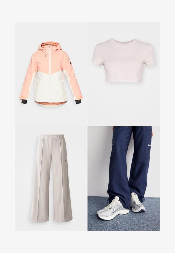 Dameswinterjack in licht perzik en wit, met een capuchon, ritssluiting, verstelbare manchetten en zijzakken. Glad, waterafstotend materiaal.; Geknipte T-shirt in lichtroze, gemaakt van zachte stof. Heeft een ronde hals en korte mouwen met een klein wit Nike-logo op de borst.; Lichtgrijze wijde broek van glad materiaal. Voorzien van een elastische tailleband en een zwart Nike-logo aan de linkerkant.; Nike hardloopschoenen met een zilveren mesh bovenkant, witte accenten en structuurzolen, gecombineerd met luchtige navy broeken.