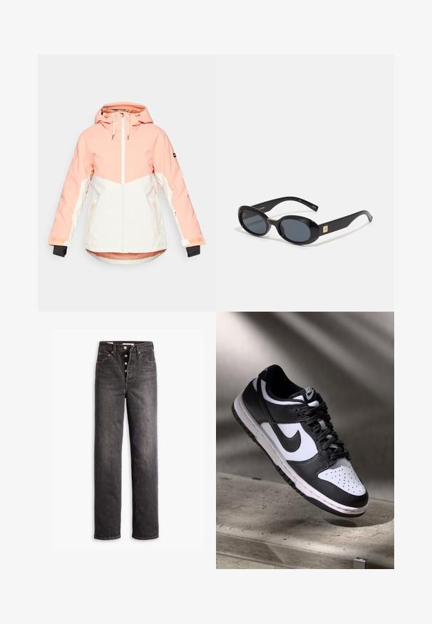 Dámska zimná bunda vo svetlo broskyňovej a bielej farbe, vybavená kapucňou, zipsovým zapínaním, nastaviteľnými manžetami a bočnými vreckami. Hladká, vodeodolná tkanina.; Čierny crop top s dlhým rukávom vyrobený z ľahkej látky, s okrúhlym výstrihom a priliehavým strihom, s čistými švami a bez ozdôb.; Čierne vysoké džínsy s rovnými nohavicami, vyrobené z denimu. Obsahujú zapínanie na gombík, medené kovové akcenty a kontrastné šitie.; Čierno-biele tenisky Nike Dunk Low s koženým zvrškom, perforovanou špičkou a čiernymi šnúrkami, so bielou podrážkou a logovými akcentmi.; Čierne oválne slnečné okuliare s tmavými sklami, lesklý plastový rám, široké ramená a malý zlatý akcent na jednej strane.
