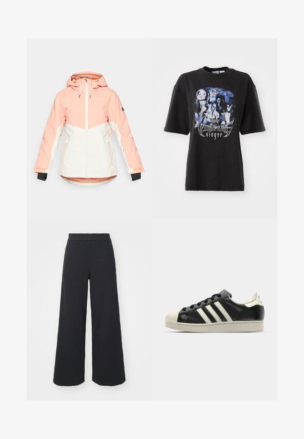 Women's winter jacket in light peach and white, featuring a hood, zip closure, adjustable cuffs, and side pockets. Smooth, water-resistant fabric.; Black oversized t-shirt made of cotton, featuring a graphic print in blue tones with images and text related to "Buffy the Vampire Slayer."; Black wide-leg sweatpants made from soft fabric, featuring an elastic waistband and a small logo on the left side.; Black leather sneaker with white stripes, rubber toe cap, black laces, and a cream-colored outsole. Smooth texture with shiny finish.