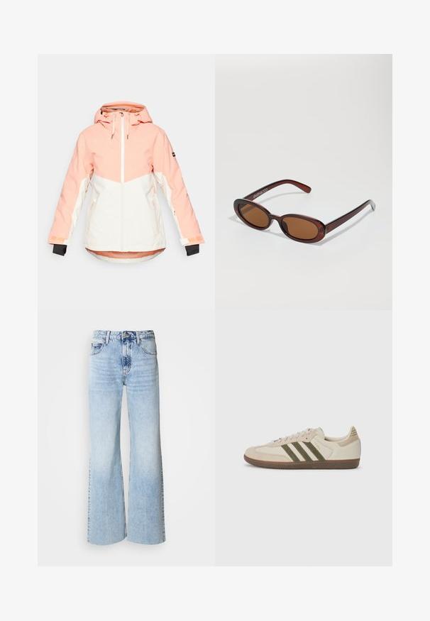 Női téli dzseki világos barack és fehér színben, kapucnival, cipzáras záródással, állítható mandzsettákkal és oldalsó zsebekkel. Sim akár vízlepergető anyag.; Fehér pamut póló laza szabással, rövid ujjakkal, kerek nyakkal, minták és díszítések nélkül. Simas texture.; Fakék, bő szárú farmernadrág, elhalványult denim textúrával, magas derékkal és klasszikus öt zsebes kialakítással. Gombbal és cipzárral záródik.; adidas Originals SAMBA OG UNISEX - Sportcipő - alumina/medium dark khaki/gum; Kerek, barna árnyalatú napszemüveg fényes burgundi kerettel. Karcsú karok diszkrét márkázással. Lapos lencse kialakítás.