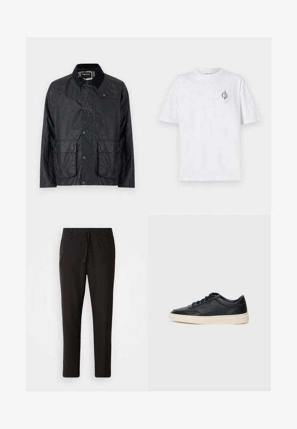 Barbour MODERN BEDALE JACKET - Light jacket - royal navy; White cotton t-shirt with a relaxed fit, featuring a small black graphic logo on the left chest area. Short sleeves, crew neck style.; Black jogger pants made of smooth fabric. Feature an elastic waistband with a drawstring, tapered legs, and no visible pockets. Simple design.; Black low-top leather sneaker with black laces and off-white sole shown in side profile on white background.