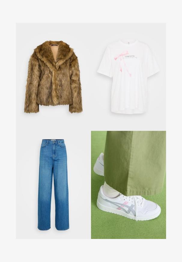 Gina Tricot Tall Zimní bunda - brown melange; Bílá tričko s krátkým rukávem, na kterém je grafika růžové stuhy a text "COQUETTE" v černé barvě. Měkký materiál a volný střih.; Modré vysoké kalhoty s širokými nohavicemi, se zapínáním vpředu na knoflík a zip, předními a zadními kapsami a šitými lemy na bílém pozadí.; Bílé tenisky s šedými a růžovými akcenty, s hladkým koženým svrškem, perforovanou špičkou a plochou bílou podrážkou, obuté s olivově zelenými kalhotami.