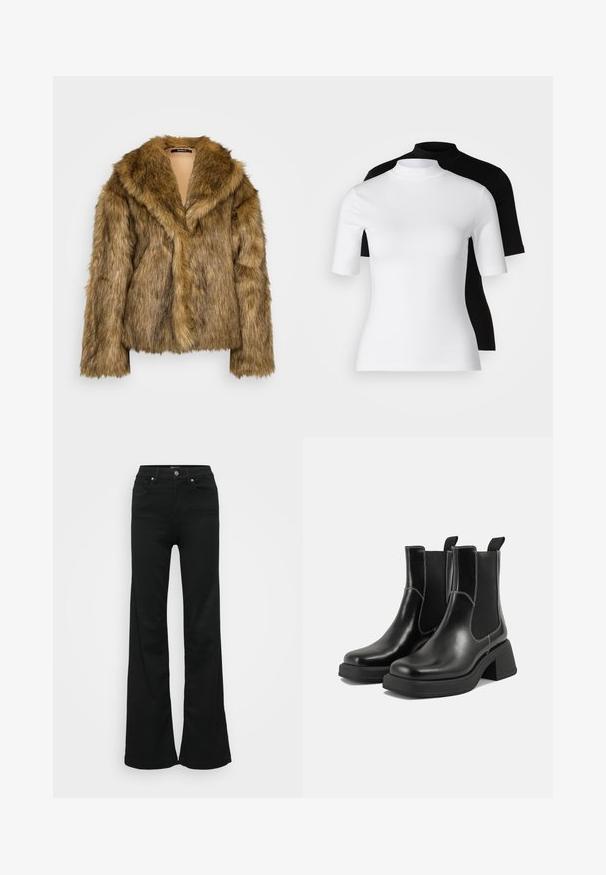 Gina Tricot Tall Giacca invernale - brown melange; Set di due maglie a collo alto, in bianco e nero. Maniche corte, in morbido cotone e design aderente. Senza fantasie né grafiche.; Jeans neri a zampa d'elefante realizzati in denim, con vita alta, cinque tasche e chiusura con bottone metallico. Texture liscia con dettagli minimi.; Stivali Chelsea in pelle nera con tacco spesso, pannelli elasticizzati sui lati e cuciture bianche a contrasto. Finitura testurizzata.