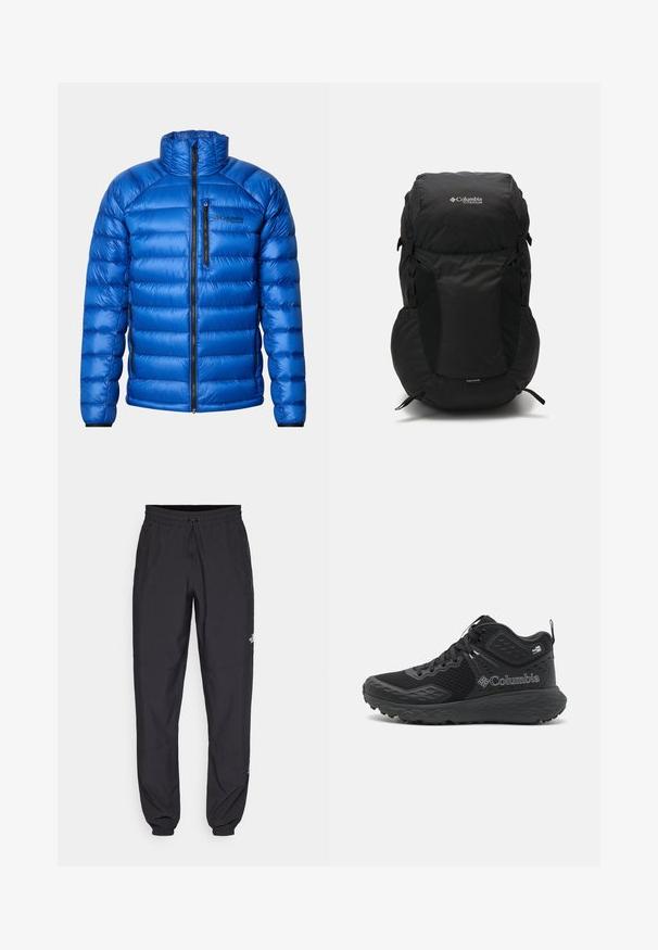 Blue insulated puffer jacket with a front zipper, chest pocket zipper, side pockets, and Columbia Titanium logo on the left chest.; Black short-sleeve T-shirt made from lightweight fabric. Features a small white logo on the left chest and subtle shoulder accents.; Black athletic pants made from lightweight fabric, featuring a drawstring waistband, side pockets, and tapered cuffs at the ankles.; Black hiking shoes with a mesh upper, textured accents, a cushioned sole, and a prominent logo. Features a secure lace system and pull tab.; Black backpack with a rounded top, made from durable fabric. Features side mesh pockets and a rain cover label at the bottom.