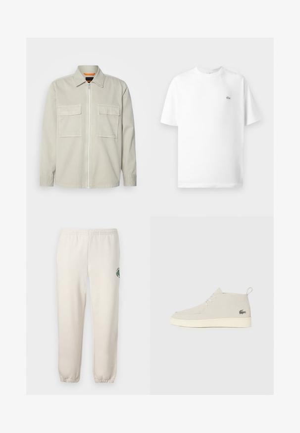 BOSS LOVEL ZIP - Skraistė - light beige; Balta medvilninė marškinėlių su apvaliu kaklu ir trumpomis rankovėmis. Yra mažas juodas Lacoste logotipas kairėje krūtinės pusėje.; Šviesiai smėlinės spalvos medvilninės kelnės, su elastinga juosta, raukšlėtomis rankovėmis ir žalia logotipo su lapo dizainu kairiajame šone.; Šviesiai pilki zomšiniai auliniai batai iki kulkšnies su apvalia nosimi, balta guma pado ir subtiliu logotipo akcentu šone. Su raištelių uždarymu.