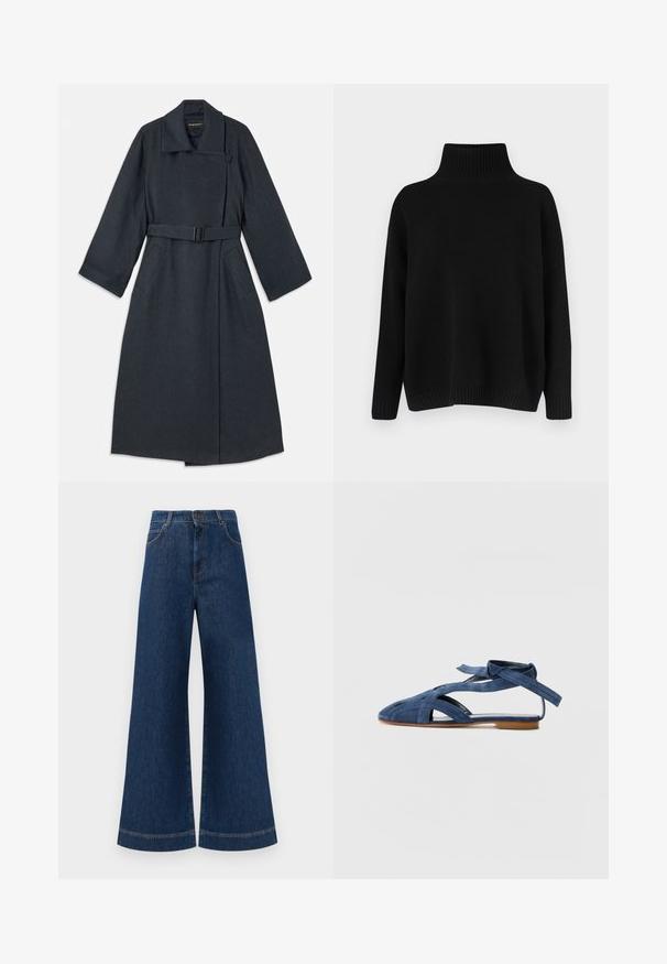 Casaco cinza escuro com um colarinho alto, cintura com cinto, dois bolsos laterais e mangas largas. Feito de tecido texturizado com um design limpo.; Camisola preta de malha com gola alta canelada, ombros caídos e corte solto. Apresenta punhos e bainha canelados para dar textura.; Jeans azul de perna larga com cintura alta, apresentando um fecho de botão, passantes para cinto e detalhes de costura discretos ao longo dos bolsos e das bainhas.; Emporio Armani Sandálias - blue