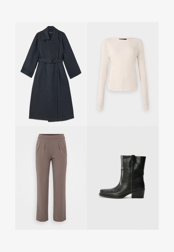 Tamno sivi kaput s visokim ovratnikom, remenom u struku, dva bočna džepa i širokim rukavima. Izrađen od teksturirane tkanine s čistim dizajnom.; Dugih rukava, svijetlo bež majica s okruglim izrezom. Izrađena od mekanog materijala, ima središnji šav i blago zakrivljen rub. Nema vidljivih metalnih dijelova.; Taupe hlače širokog kroja s elastičnim pojasom i prednjim naborima, izrađene od glatkog materijala.; Crne kožne čizme do članaka s okruglim vrhom, blok potpeticom, bočnim patentnim zatvaračem i detaljima od šavova na gornjem dijelu. Glatka tekstura, klasičan dizajn.