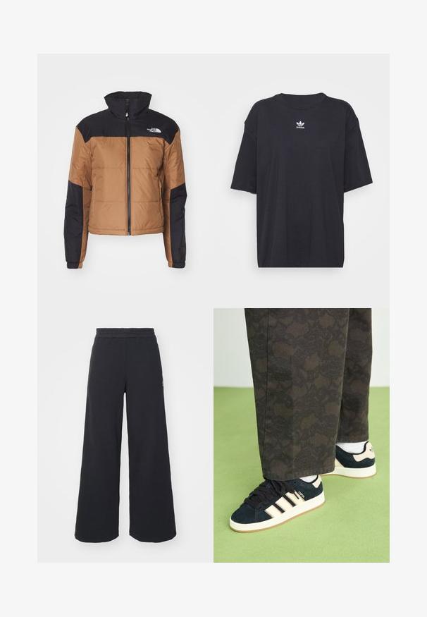 Brązowa i czarna kurtka puchowa z wysokim kołnierzem, zamek błyskawiczny, pikowana faktura i logo na górnej lewej części klatki piersiowej.; Czarna bawełniana koszulka z krótkim rękawem, okrągłym dekoltem, z białym logo Adidas na klatce piersiowej. Prosty design, luźny krój.; Czarne szerokie spodnie dresowe wykonane z miękkiego materiału, z elastycznym paskiem w talii oraz małym logo po lewej stronie.; Czarne i wzorzyste spodnie w połączeniu z granatowymi zamszowymi trampkami z kremowymi paskami i białymi podeszwami. Powierzchnie są teksturowane i płaskie.