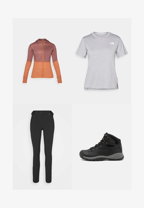 Garums-plecu zips jakā brūnā un oranžā krāsā ar kapuci, fakturētu audumu un pirkstu caurumiem aprocēs drošai piegulšanai.; Pelēks īsām piedurknēm T-krekls, kas izgatavots no mīksta, mitrumu noturoša auduma. Tam ir apaļš kakls un neliels balts logo kreisajā augšējā stūrī.; Melni, pieguļoši bikses, izgatavotas no elastīga materiāla. Iespējas ietver rāvējslēdzēju sānu kabatu, ar artikulētām ceļgaliem un gludu tekstūru.; Melni pārgājienu zābaki ar vidēju augstumu, ar teksturētu augšdaļu, pelēkiem akcentiem un izturīgu gumijas zoli ar saķeres izvirzījumiem.