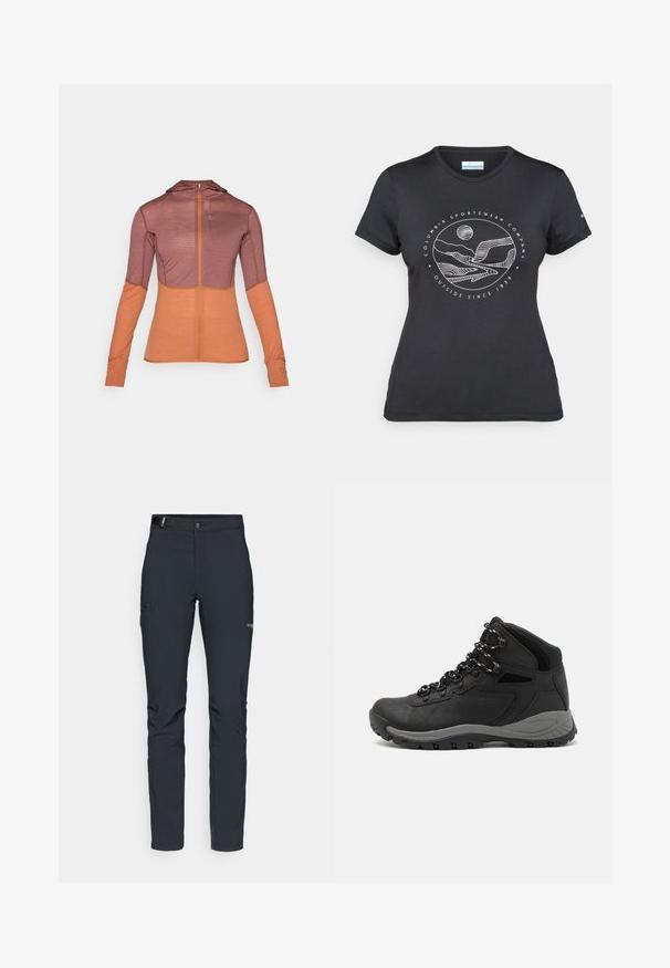 Hnědá a oranžová bunda na zip s dlouhými rukávy, s kapucí, texturovaným materiálem a otvory na palce na manžetách pro bezpečné držení.; Černé tričko Columbia s bílým kruhovým uměleckým ztvárněním hor a řeky a textem "Columbia Sportswear Company Outside Since 1938."; Pánské outdoorové kalhoty, tmavě šedé, vyrobené z flexibilního materiálu, s pásem, zipovými kapsami a vyztuženým švem.; Černé turistické boty s mírně vyšším střihem, které mají texturovaný svršek, šedé detaily a odolnou gumovou podrážku s trakčními výstupky.