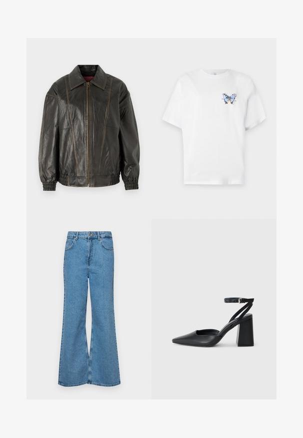 Juodas odinis švarkas su struktūrizuotu apykaklės dizainu, priekiniais užtrauktukais ir elastingomis rankovėmis. Yra matomos siūlės ir švelni tekstūra.; Balta medvilninė marškinė su spalvingu drugelio atspaudu kairėje krūtinės pusėje. Trumpomis rankovėmis ir laisvu siluetu.; Šviesiai mėlynos flared džinsai, pagaminti iš džinsinio audinio, su aukštu liemeniu, penkiomis kišenėmis ir vienu mygtuko užsegimu. Minkštas paviršius su išblukusiu efektu.; Juoda odinė smailiagalė aukštakulnio bateliai su kulkšnies dirželiu ir storu kulnu. Lygus paviršius, elegantiškas dizainas ir minimalistiška estetinė.