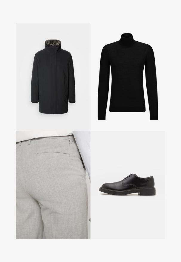 Strellson Wintermantel - black; Zwarte coltrui van zacht materiaal, met lange mouwen en een snug fit. Geribbelde afwerking aan de onderkant en mouwen. Eenvoudig ontwerp.; Lichtgrijze, op maat gemaakte broek van gestructureerde stof, met een enkele achterzak en nette stiksels.; Zwarte leren veterschoen met een ronde neus, een gladde textuur, minimale stiksels en een lage rubberen hak. Logo op de hak.