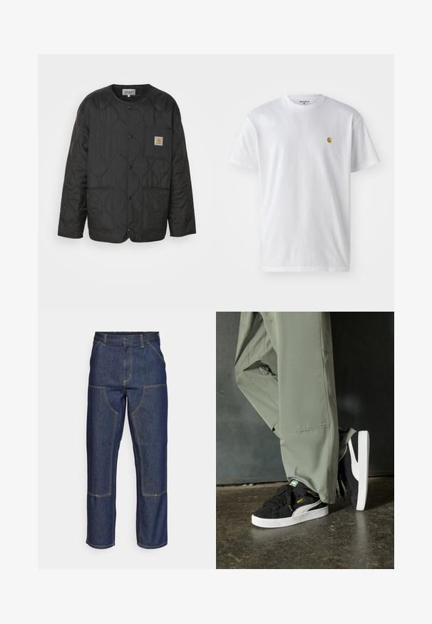 Juodas siūtu pamušalu švarkas su apvaliu kaklu, mygtukų uždarymu ir dviem priekinių kišenių. Apima mažą logotipo ženklelį ant krūtinės.; Balta medvilnės marškinėliai su trumpomis rankovėmis, apvalia iškirpte, kuriuose kairėje krūtinės pusėje yra mažas auksinis logotipas. Minkšta tekstūra ir reguliari forma.; Tamsiai mėlynos džinsinės kelnes su aukštu liemeniu, tiesaus kirpimo dizainu, kontrastinėmis siūlėmis ir kišenėmis priekyje.; Juodi suede sportbačiai su baltais guminiais padais ir šoninėmis juostelėmis, derinami su šviesiai žaliais kargo kelnais, stovintys ant tekstūruoto tamsaus paviršiaus.