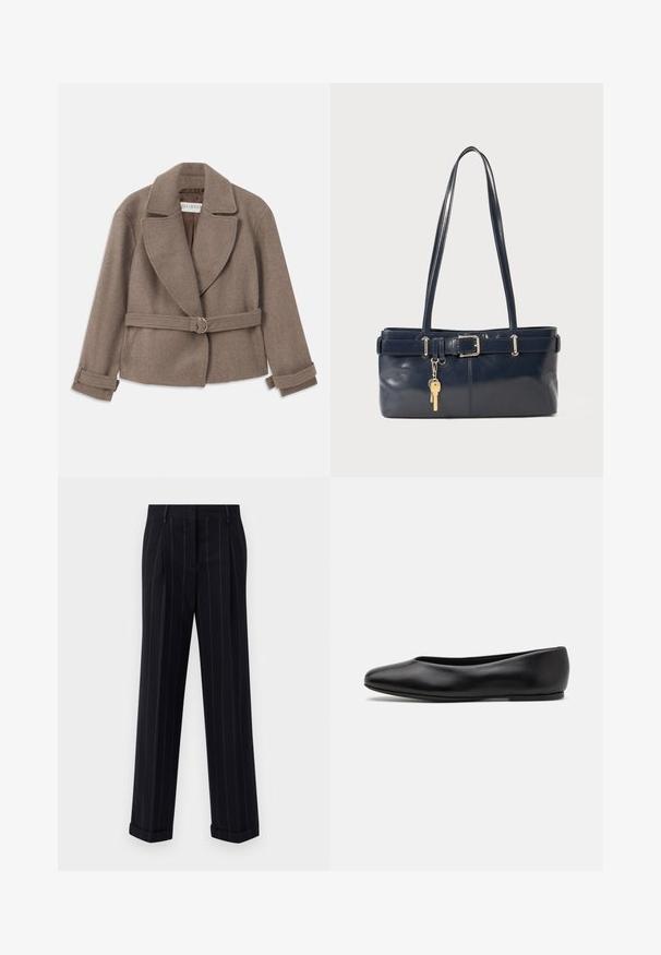 Brun, cropped jakke med en stor krave, dobbeltradet design og bælte i taljen med en guldring. Blødt, tekstureret stof med oplevede manchetter.; Mørkeblå sweater med rund halsudskæring, lange raglanærmer, ribbede manchetter og lige nederkant. Fremstillet af et blødt, tekstureret strikmateriale.; Sorte pinstripede bukser med en skræddersyet pasform, der har en manchetkant og frontfolder. Lavet af glat stof med et struktureret design.; Paul Smith TOPANGA - Ballerinasko - black; Mørkeblå læderhåndtaske med to lange håndtag, en spænde detaljer og en nøglering vedhæftet. Den har en glat tekstur og en rektangulær form.