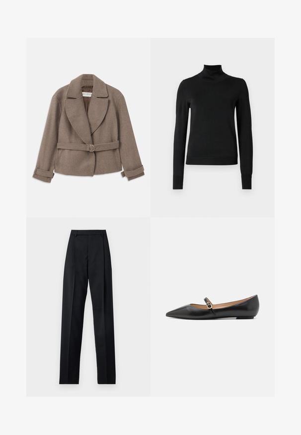 Pruun, lühike jope suure kraega, topeltrinnalise disainiga ja vööga, millel on kuldne rõngas. Pehme, struktuuri poolest tekstuuriga kangas koos rullitud varrukatega.; Mustmusterta mustaga pikkade varrukatega kõrge kaelusega sviiter, millel on ribakudumisega mansetid ja äär, esitatud lihtsal valgel taustal.; Mustad püksid siledast kangast, millel on kõrge vöökoht, laiad jalad, esimesed kortsud ja klassikalised vööloopid. Küljepockets pole nähtavad.; Musthave mustanahkased balletkingad terava varbaga ja külgrihmaga, millel on ümmargune kuldne aksessuaar. Kerged ja tasase tallaga.