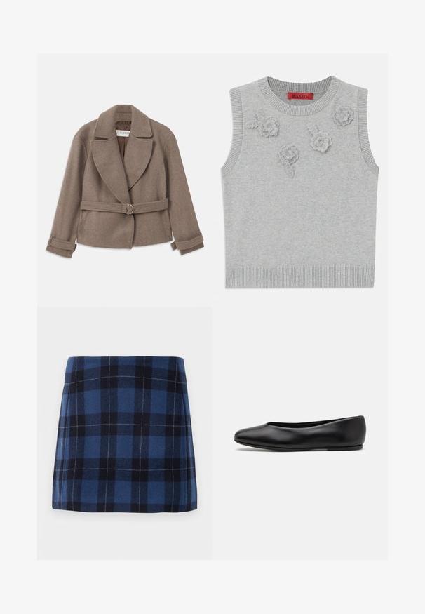 Brun, cropped jakke med en stor krave, dobbeltradet design og bælte i taljen med en guldring. Blødt, tekstureret stof med oplevede manchetter.; Lys grå ærmeløs sweater med ribbet halsudskæring og kant. Har tre strukturerede blomsterapplikationer foran. Mærke: MAX&Co.; Rutet mini nederdel i mørkeblå og marineblå, lavet af blødt stof med en let tekstureret overflade. Har en lige skæring og rene linjer.; Paul Smith TOPANGA - Ballerinasko - black