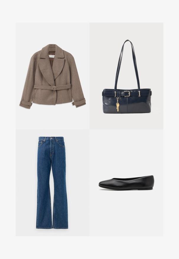 Rjava, krajša jakna z velikim ovratnikom, dvorednim zapenjanjem in pasom, opremljena z zlatim obročem. Mehka, teksturirana tkanina z zavihanimi manšetami.; Prugasta srajca z gumbniki z belo podlago, ki vključuje ozke večbarvne črte v modri, oranžni in zeleni barvi. Dolgi rokavi in klasičen ovratnik.; Modre flared jeans iz denima z visokim pasom, opremljene s petimi žepi, srebrnim gumbom za zapiranje in vidnimi šivi.; Paul Smith TOPANGA - Balerinke - black; Mornarska usnjena torbica z dvema dolgima ročajema, dodatkom z zaponko in pritrjeno ključavnico. Ima gladko teksturo in pravokotno obliko.