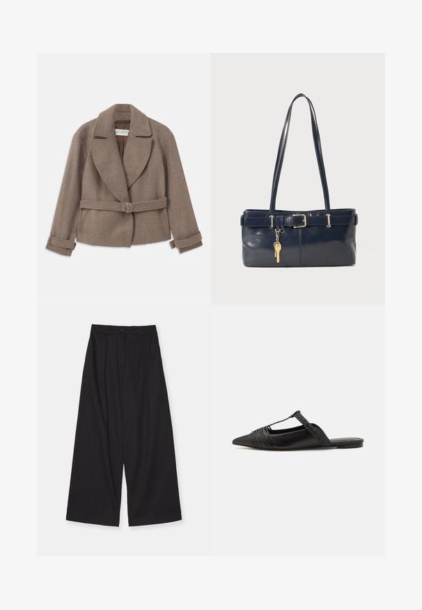 Brown, cropped jacket with a large collar, double-breasted design, and belted waist featuring a gold ring. Soft, textured fabric with rolled cuffs.; White long-sleeve button-up shirt in a smooth cotton blend. Features a classic collar, front button closure, and rounded cuffs.; Black wide-leg trousers made of a smooth fabric, featuring a high waist, front pleats, a button closure, and a straight silhouette.; Black leather slingback shoe with a pointed toe, featuring a woven accent and pleated upper design. Flat sole with minimal hardware.; Navy leather handbag with two long handles, a buckle detail, and a keychain attached. Features a smooth texture and a rectangular shape.