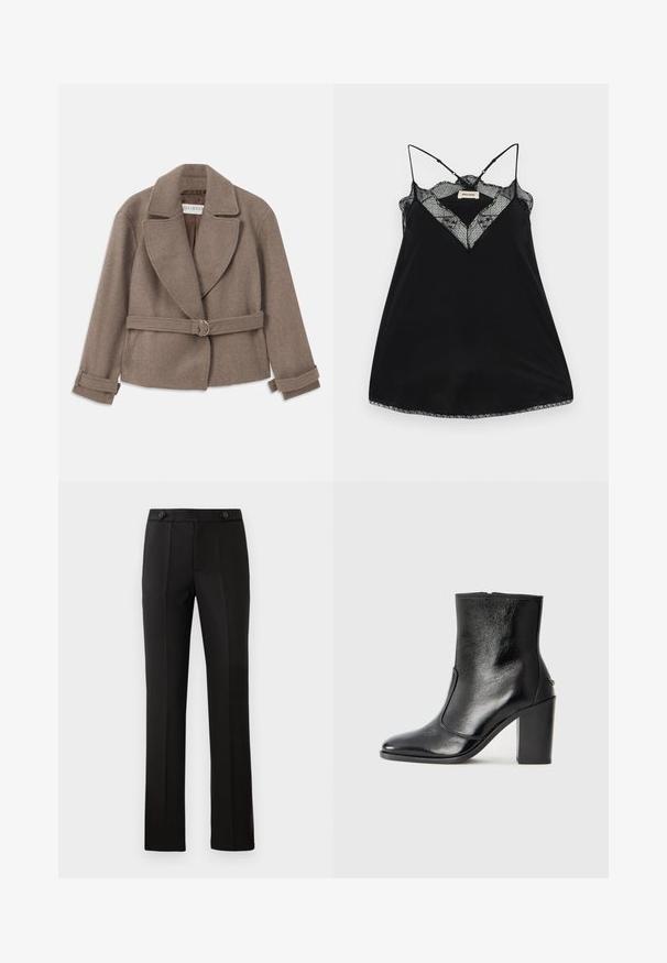 Smeđe, skraćeno jakna s velikim kragnom, dvostruko dugmadi dizajn s pojasom koji ima zlatni prsten. Mekani, teksturirani materijal s preklopnim rukavima.; Crna majica bez rukava s podesivim naramenicama, koja ima čipkast izrez i valovite rubove. Glatka tkanina s blagim sjajem.; Crne krojene hlače ravnog kroja, s dva prednja džepa, dugmetom za zatvaranje i pregibima sprijeda. Glatka tekstura tkanine.; Crna kožna čizma do gležnjeva s glatkom teksturom, špicastim vrhom i debelim visokim potpeticama. Ima bočni otvor i minimalistički dizajn.
