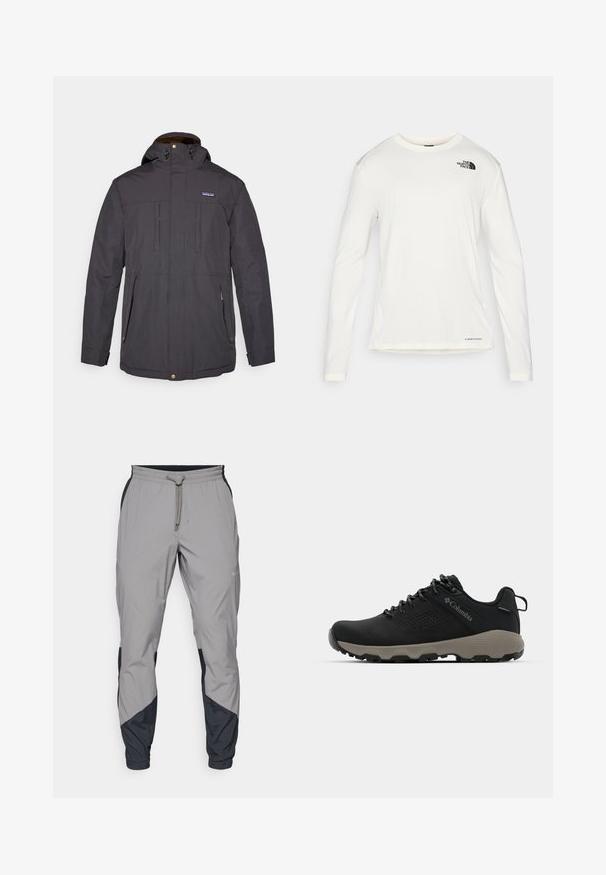 Tamno siva vodootporna jakna s kapuljačom, prednjim patentnim zatvaračem, dva džepa na prsima i toplom podstavom, s dugmadima i logom kao ukrasom.; Bijela majica dugih rukava s okruglim izrezom, teksturirana tkanina, crni logo na lijevom ramenu i suptilno brendiranje pri dnu.; Lagane, sive atletske hlače s crnim akcentima. Elastični pojas, zatvaranje na vezicu, dizajn suženih nogavica i bočne džepove.; Crne planinarske cipele s glatkim gornjim dijelom, perforiranim dizajnom, sivoj potplati i ojačanim petom. Sadrže vezice i petlju za lakše oblačenje.