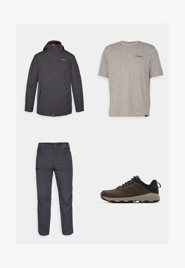 Tumši pelēks ūdensnecaurlaidīgs jakas ar kapuci, ar rāvējslēdzēju priekšā, divām krūšu kabatām un siltu oderi, kas rotāta ar pogu akcentiem un logotipa plāksteri.; Pelēka īsām piedurknēm kreks, kas izgatavots no mīkstas teksturētas auduma, ar mazu zilu Patagonia logotipu kreisajā krūtī. Bez papildu rakstiem.; Tumši pelēki bikses, kas izgatavotas no izturīgas auduma, ar rāvējslēdzēja kabatu, taisnu piegriezumu un jostu cilpām, lai pielāgotu fit.; Brūni ūdensnecaurlaidīgi sporta apavi ar teksturētu virsu, perforētiem akcentiem, melnu papēža atbalstu un pelēku gumijas zoli. Šņores veidotas ar metāliskiem galiem.