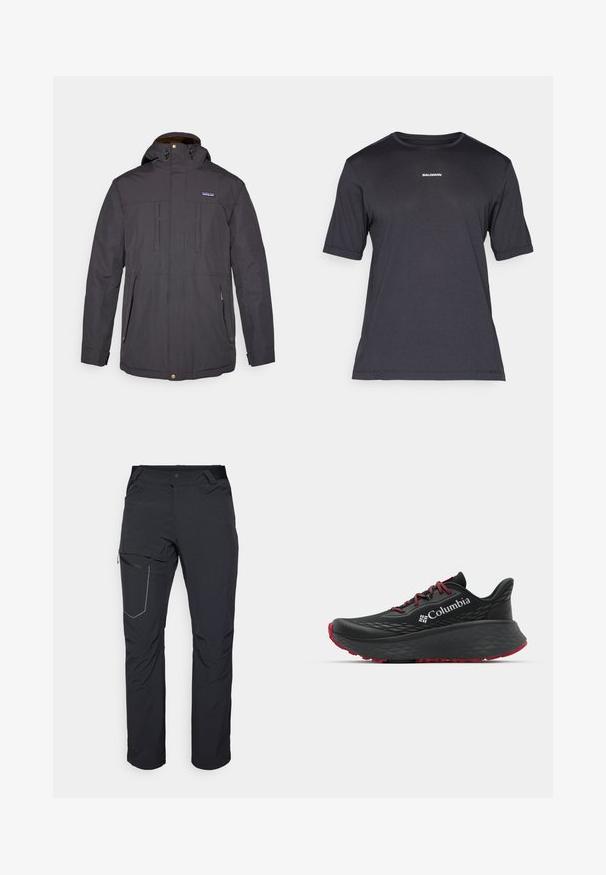Tamno siva vodootporna jakna s kapuljačom, prednjim patentnim zatvaračem, dva džepa na prsima i toplom podstavom, s dugmadima i logom kao ukrasom.; Crna kratkotrajna majica za performanse s kratkim rukavima, napravljena od prozračnog materijala, s okruglim izrezom i malim bijelim logotipom "SALOMON" na prsima.; Crne vanjske hlače s patentnim zatvaračem na butu, elastičnim pojasom i glatkim, vodootpornim materijalom. Čist dizajn bez vidljivih logotipa.; Crne sportske cipele s teksturiranim gornjim dijelom, crvenim vezicama i logom. Debeli đon s uzorkom za prianjanje. Minimalistički dizajn, bočni prikaz.