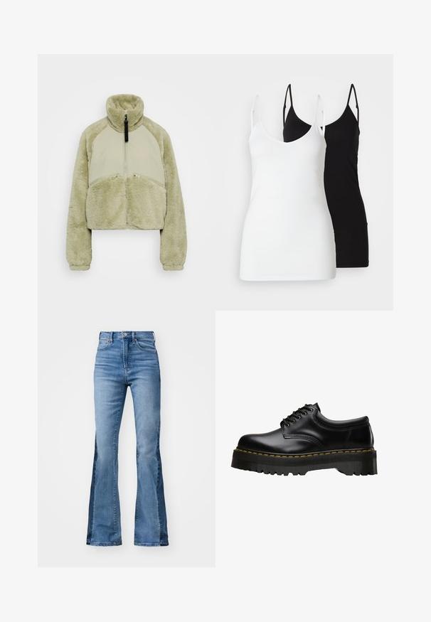 Apsiaustas, šviesiai žalias švarkas, turintis minkštą avikailio tekstūrą, aukštą apykaklę ir kontrastingas glotnias medžiagas su užtrauktukais.; Du moteriški marškiniai be rankovių: vieni balti, kiti juodi, pagaminti iš minkštos medžiagos, su plonomis petnešėlėmis ir giliu V formos iškirpimu.; Gap Tall 70S - Platėjantys džinsai - medium indigo; Juodas odinis batų modelis su aštriu juodu guminio pado kraštu ir geltonomis siūlėmis aplink kraštą, pasižymintis lygiu apdaila.