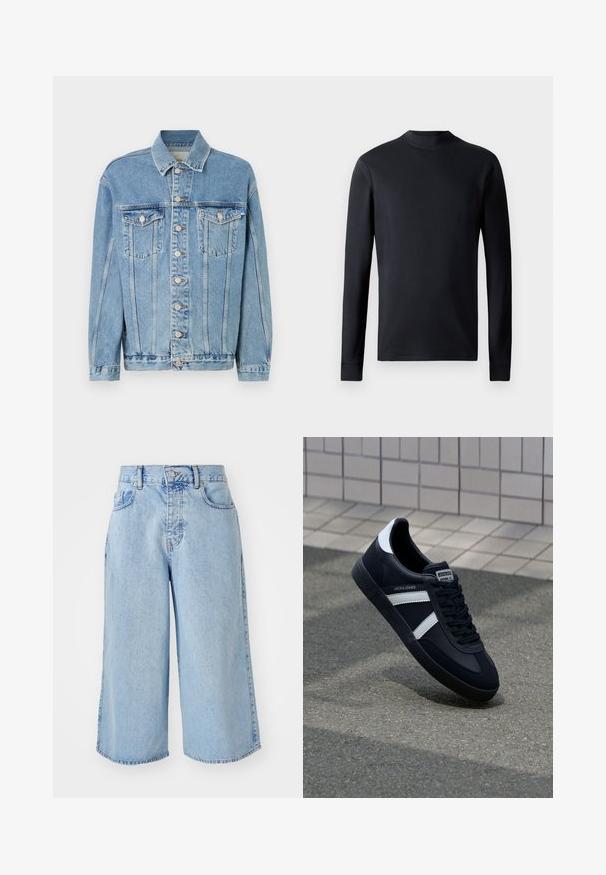 Svijetloplava traper jakna s ovratnikom, prednjim kopčanjem na gumbe, dva džepa na prsima i suptilnim detaljima iznošenja. Klasični ravni kroj.; Crna košulja dugih rukava od glatkog materijala s okruglim izrezom i uskim manžetama. Jednostavan dizajn bez uzoraka ili ukrasa.; Svijetloplave traper culotte kratke hlače s visokim strukom, pet džepova i slobodnim krojem. Imaju izblijedjeli izgled i dvostruko šivane rubove.; Crne kožne tenisice s bijelim prugama, strukturirana gumena potplate i vezanjem sprijeda. Ima oznaku brenda na jeziku.