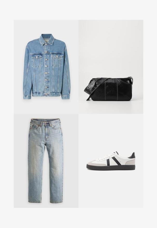Svijetloplava traper jakna s ovratnikom, prednjim kopčanjem na gumbe, dva džepa na prsima i suptilnim detaljima iznošenja. Klasični ravni kroj.; Bežani, pleteni pulover s visokim rebrastim okovratnikom. Ima reljefni kabelski uzorak te rebraste manžete i rub, što pruža ugodan izgled.; Svijetloplave traperice visoki struk, prednji gumb, zatvarač i dizajn s pet džepova, položene ravno na neutralnoj pozadini.; Bijele tenisice s crnim i sivim detaljima, s teksturiranim sivim zaštitnikom prstiju, crnim gumene potplate i ravnim bijelim vezicama. Čist dizajn, minimalistički stil.; Crna kožna torba preko ramena s zatvaranjem na patentni zatvarač, s teksturiranim tijelom, bijelim šavovima i remenom sa srebrnim okovima.
