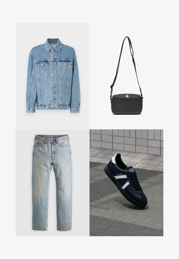 Svjetloplavi traper jakna s ovratnikom, prednjim kopčanjem na gumbe, dva džepa na prsima i suptilnim detaljima starenja. Klasičan ravni kroj.; Rjav pleten pulover s polo ovratnikom, tremi gumbi na vratu in dolgimi rokavi. Mehak material, rebrasti manšeti in rob.; Svetlo modri džins hlače z visokim pasom, sprednjim gumbom, zadrgo in petimi žepi, laid flat na nevtralni podlagi.; Črne usnjene superge z belimi črtami, teksturiran gumijast podplat in zavezovanje spredaj. Imajo označeno oznako na ježku.; Črna usnjena torbica čez ramo z zadrgo, embosirano logotipom spredaj in nastavljivim pasom. Gladka površina z pravokotno obliko.