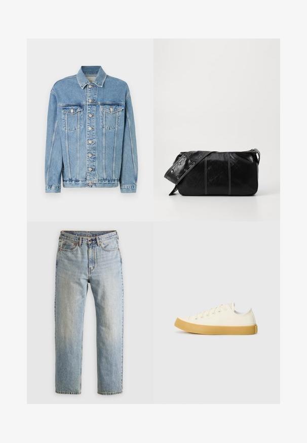 Svijetloplava traper jakna s ovratnikom, prednjim kopčanjem na gumbe, dva džepa na prsima i suptilnim detaljima iznošenja. Klasični ravni kroj.; Jednobojna svijetlosiva majica kratkih rukava s okruglim izrezom prikazana na bijeloj pozadini, s prednje strane bez vidljivih logotipa ili dizajna.; Svijetloplave traperice visoki struk, prednji gumb, zatvarač i dizajn s pet džepova, položene ravno na neutralnoj pozadini.; Platnene tenisice u boji slonovače s okruglim vrhom, s bež gumenim potplatima i pet rupa za vezivanje, teksturalna površina na gornjem dijelu.; Crna kožna torba preko ramena s zatvaranjem na patentni zatvarač, s teksturiranim tijelom, bijelim šavovima i remenom sa srebrnim okovima.