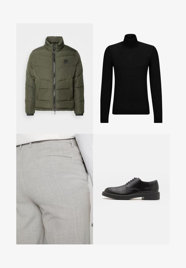 Olīvzaļš pūkains mētelis ar rāvējslēdzēju priekšpusē, augstu apkakli, teksturētām sānu daļām un elastīgām aprocēm. Viegls, quilted dizains.; Melnā augstā kakla džemperis, kas izgatavots no mīksta materiāla, ar garām piedurknēm un pieguļušu piegriezumu. Ribota apdare ap apakšu un piedurknēm. Vienkāršs dizains.; Gaiši pelēkas pielāgotas bikses no teksturēta auduma, ar vienu aizmugurējo kabatu un tīru šuvju apdari.; Melna āda sašūta kurpe ar noapaļotu purngalu, gludu tekstūru, minimālu šuvju skaitu un zemu gumijas papēdi. Logo uz papēža.