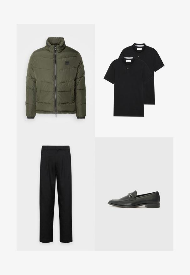 Bunda s kapucňou v olivovej zelenej farbe, s predným zipsom, vysokým golierom, štruktúrovanými bočnými panelmi a elastickými manžetami. Ľahký, prešívaný dizajn.; Dvé čierne polo tričká, krátke rukávy, vyrobené z bavlny, s klasickým golierom, dvojitým gombíkom a bielymi pruhmi vo vnútri goliera.; Čierne nohavice vyrobené z hladkej tkaniny, s rovnými nohavicami, dvoma prednými skladmi a štandardným pásom s pútkami na opasok.; Čierne kožené loafers s hladkým povrchom, s prešitým dizajnom a dekoratívnym kovovým reťazovým akcentom cez priehlavok. Plochý podpätok.