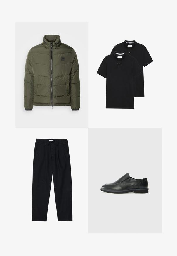 Õhuke oliiviroheline puffer-takjak, millel on lukk ees, kõrge krae, tekstuuriga küljetaskud ja elastsed mansetid. Kerge, vatitud disain.; Kaks musta polo särki, lühikeste varrukatega, puuvillane materjal, klassikalise kraega, kahe nupuga kinnitusega, valgete triipudega krae sisepinnal.; Pier One Chino-püksid - black; Must musta laia suuga king, millel on sile ülemine osa, õmmeldud detailid, ümmargune nina ja madal kummist konts. Tallal on minimaalne mustr.