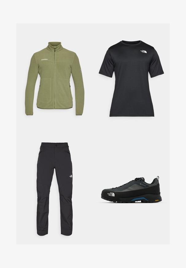 Oliven grønn fleecejakke med høy krage, glidelås, to frontlommer og logo på brystet. Glatt tekstur, avslappet passform.; Svart t-skjorte med korte ermer laget av lett, fukttransporterende stoff. Har en hvit logo på venstre bryst og rund hals.; Sorte utendørsbukser med glidelås på frontlommen, syntetisk materiale, smalnende ben og forsterkede knepaneler. Har knappelukking.; The North Face VERTO ALPINE GORE TEX - Fjellsko - asphalt grey/tnf black