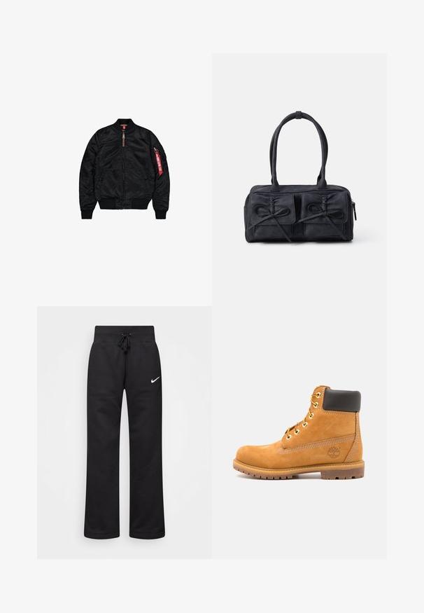Czarna kurtka typu bomber wykonana z gładkiego materiału, z zapięciem na zamek, ściągaczami przy mankietach i u dołu, bocznymi kieszeniami oraz czerwonym detalem na rękawie.; Czarna bluza z kapturem, wykonana z miękkiego materiału, z białym nadrukiem tekstu i wzorów, z akcentami na rękawach.; Czarne dresy wykonane z mieszanki bawełny, z elastycznym pasem ze sznurkiem, prostymi nogawkami i białym logo Nike po lewej stronie.; Brązowy skórzany botek za kostkę z czarnym wykończeniem, złotymi oczkami i teksturowaną podeszwą. Posiada okrągłe logo z boku oraz akcenty w postaci przeszyć.; Czarna torba z materiału z dwoma przednimi kieszeniami z detalami w kształcie kokardek, podwójnymi uchwytami i zapięciem na zamek. Miękka struktura i prostokątny kształt.