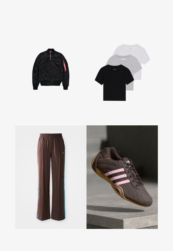 Zwarte bomberjack van gladde stof, met een ritssluiting, ribgebreide manchetten en onderrand, zijzakken en een rode labeldetails op de mouw.; Set van drie korte mouwen t-shirts in zwart, grijs en wit. Gemaakt van katoen, met een ronde hals en een eenvoudig, effen kleurontwerp.; Bruine sportbroek met een ribbelstructuur, elastische tailleband en turquoise zijstrepen. Voorzien van het adidas-logo aan de voorkant.; Bruine suède sport schoen met roze strepen en logo, voorzien van een gestructureerde bovenkant, vetersluiting en een gumrubberen zool.