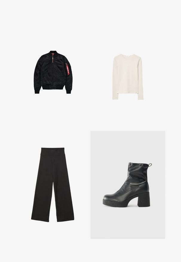 Crna bomber jakna napravljena od glatkog materijala, s zatvaranjem na zip, rebrastim manžetama i rubom, bočnim džepovima i detaljem crvene oznake na rukavu.; Svijetlo bež majica dugih rukava napravljena od mekanog materijala, s okruglim izrezom i opuštenim krojem s ravnim rubom i minimalnim detaljima šivanja.; Crne široke hlače s visokim elastičnim pojasom, mekanim materijalom i slobodnim krojem, pogodne za ležerno nošenje ili opuštene prostore.; Crne gležnjače od glatke kože, s bočnim zatvaračem, debelim teksturiranim potplatom i dizajnom s zaobljenim prstima.