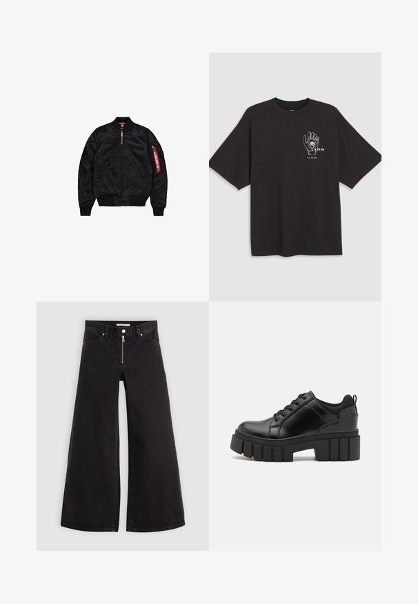 Čierna bomber bunda vyrobená z hladkej tkaniny, s predným zipsom, rebrovými manžetami a lemom, bočnými vreckami a červeným označením na rukáve.; Čierne bavlnené tričko s krátkymi rukávmi, s grafickým prvkom ruky a textom "Levi's LA LUNE" v bielej farbe na ľavej strane hrude.; Dlhé nohavice vo voľnom strihu z čierneho denimu so zipsom vpredu, päť vrecúškovým dizajnom a jemnými stehovými detailmi. Hladká textúra a neformálny štýl.; Čierne kožené platformy s masívnym blokovým podpätkom, okrúhlou špičkou a tradičným šnurovaním. Má hladký povrch a minimálne detaily.