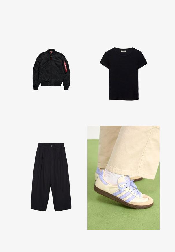 Černá bomber bunda vyrobená z hladkého materiálu, s zipovým uzávěrem, žebrovanými manžetami a lemem, postranními kapsami a červenou cedulkou na rukávu.; Černé tričko s krátkým rukávem vyrobené z měkké látky. Má klasický kulatý výstřih a volný střih. Žádné vzory nebo akcenty nejsou viditelné.; Černé polyesterové culotte kalhoty s elastickým pasem, dvěma předními sklady a volným siluetou. Žádné viditelné vzory ani kovové detaily.; Krémové a levandulové tenisky se třemi pruhy a texturovanou hnědou podrážkou, vybavené tkaničkami a polstrovanou patou. Měkký textilní svršek.
