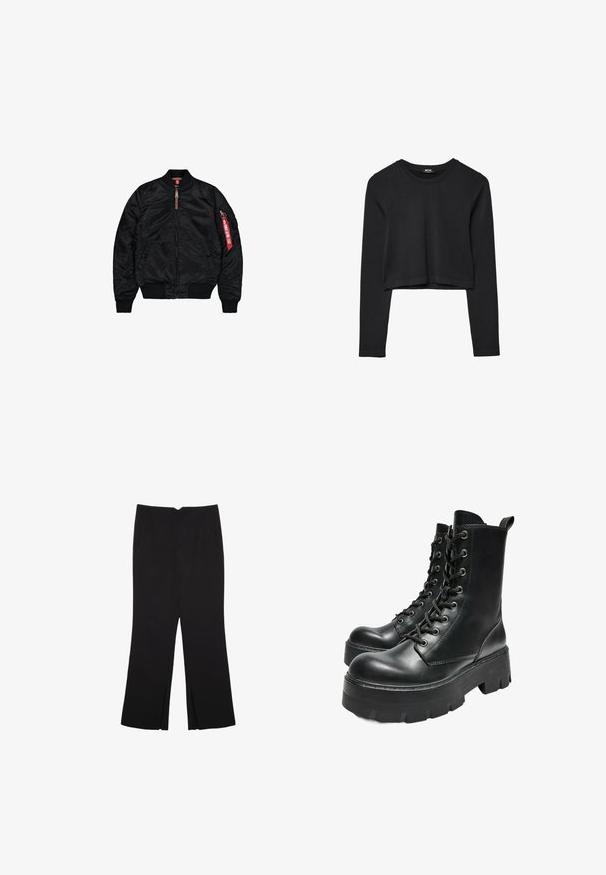 Schwarze Bomberjacke aus glattem Stoff, mit Reißverschluss, gerippten Bündchen und Saum, seitlichen Taschen und einem roten Labeldetail am Ärmel.; Schwarzes, langärmliges, kurz geschnittenes Oberteil mit Rundhalsausschnitt, schlichter Gestaltung und leicht abgerundetem Saum.; Schwarze Hose mit geradem Schnitt, ausgestattet mit Fronttaschen und Seitenschlitzen am Saum. Hergestellt aus weichem, glattem Stoff. Geeignet für verschiedene Anlässe.; Bershka TRACK - Plateaustiefelette - black