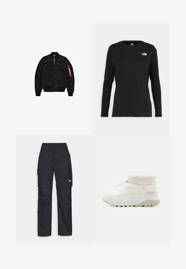 Fekete bomber dzseki sima anyagból, cipzáros záródással, bordás mandzsettákkal és alsó résszel, oldalsó zsebekkel, és piros címkével az ujjon.; Fekete, hosszú ujjú póló pamutból, kerek nyakkal. A bal mellrészen egy kis fehér logó található. Egyszerű dizájn és szabás.; Fekete nylon zipzáras cargo nadrág állítható mandzsettával, több zsebbel és logóval a jobb lábon. Simább, könnyű textúra.; Fehér steppelt, középig érő csizma műszőrme gallérral, rugalmas fűzéses záródással és vastag gumitalppal, amely mély barázdákkal rendelkezik a tapadás érdekében.