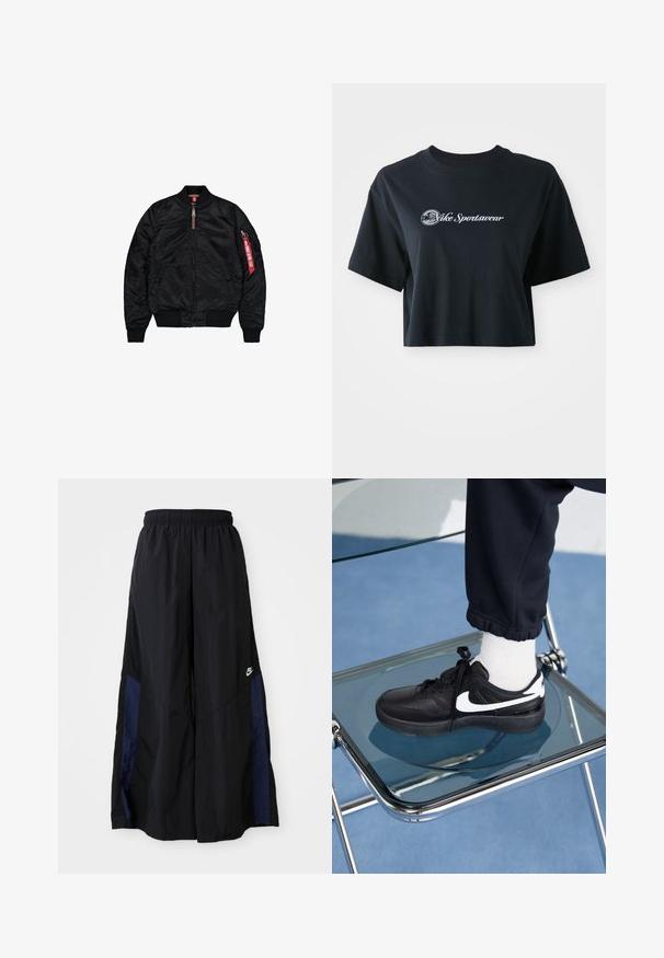 Giacca bomber nera realizzata in tessuto morbido, con chiusura a zip, polsini e orlo a coste, tasche laterali e un'etichetta rossa dettagliata sulla manica.; T-shirt nera in cotone, cropped, con maniche corte, caratterizzata da testo bianco "Vice Sportswear" e una grafica circolare sul davanti.; Pantaloni neri a gamba larga realizzati in tessuto leggero, con un pannello laterale blu navy e una cintura elastica. Piccolo logo bianco sul fondo.; Sneakers Nike neri con accenti bianchi, caratterizzati da una superficie in pelle liscia, design con lacci e punta rotonda, posizionati su una sedia di vetro.
