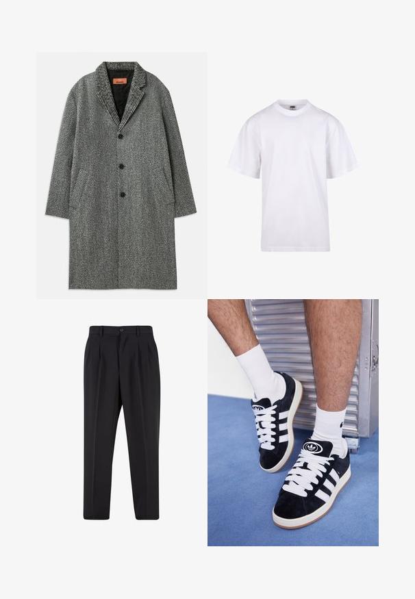 Šedý kabát v rybí kostce se sepraným límcem, třemi knoflíky a dvěma bočními kapsami. Vyrobeno z texturované tkaniny s podšívkou.; Bílé bavlněné tričko s kulatým výstřihem, krátkými rukávy a volným střihem. Má jednoduchý design bez vzorů nebo akcentů.; Černé kalhoty s plisovaným předním designem, vyrobené z hladké tkaniny. Obsahují zapínání na knoflík a poutka na opasek; rovný střih.; Černé semišové tenisky s bílými tkaničkami a třemi bílými pruhy. Mají kulatou černou logo na jazyku a gumovou podrážku.