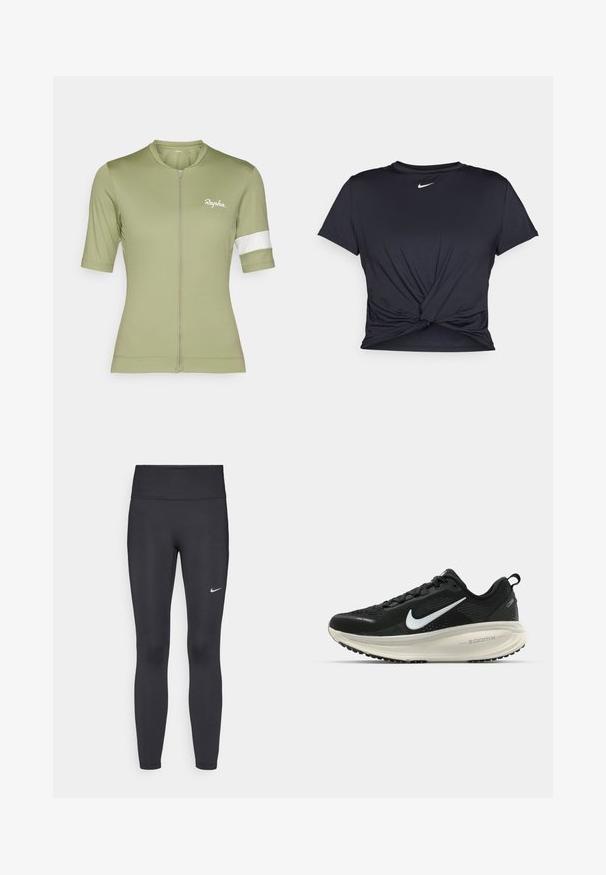 Rapha WOMENS CORE - Cykeltrøjer - olive green/white; Sort atletisk t-shirt lavet af glat stof, med et knyttet frontdesign og et lille hvidt Nike-logo på brystet.; Sorte leggings lavet af strækbart stof, med en høj talje og et hvidt Nike-logo på venstre lår. Glat tekstur, tætsiddende design.; Sort Nike løbesko med åndbart mesh-overdel, hvidt swoosh-logo, tekstureret detaljering og en cremede ZoomX mellemsål.