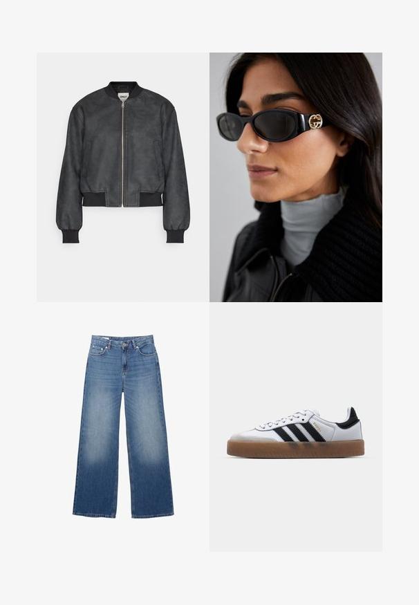 Czarna kurtka bomberka wykonana z gładkiej, sztucznej skóry, z zamkiem z przodu, prążkowanymi ściągaczami oraz bocznymi kieszeniami, o skróconym kroju.; Koszula dżinsowa, ciemnoniebieski kolor, klasyczny kołnierzyk, długie rękawy, zapięcie na guziki, podkreślona brązowym skórzanym paskiem w talii.; Szerokie, jasnoniebieskie dżinsy z efektownym przetarciem, pięć kieszeni i zapięcie na guzik w talii. Materiał bawełniany, prosty krój.; Białe skórzane sneakersy z czarnymi paskami, gumowa podeszwa, okrągły czubek, sznurowane zapięcie oraz miękką szaro-suede'ową osłonę czubka.; Czarne okulary przeciwsłoneczne o eleganckim, prostokątnym kształcie z logo w kolorze złotym na boku. Ciemne soczewki i błyszczące wykończenie są wyraźnie widoczne.