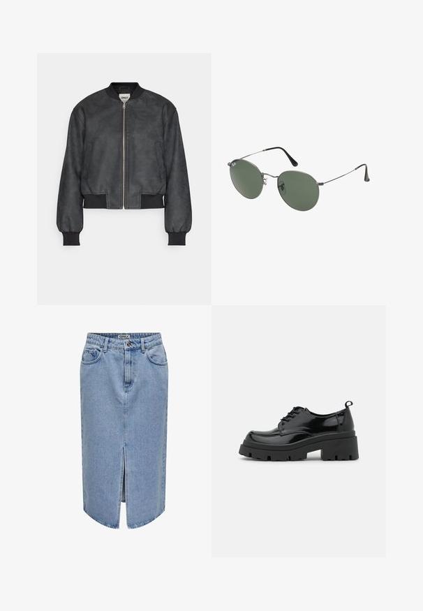 Zwarte bomberjack van glad nepleer, met een ritssluiting aan de voorkant, geribde manchetten en zijzakken, met een cropped pasvorm.; Twee mouwloze tops in zwart en wit, gemaakt van geribbelde katoen, met ronde halslijnen en een getailleerd ontwerp. Labels zichtbaar op beide.; Lichtblauwe denim rok met een rechte snit, een voorpnie, vijf zakken en een rits met knoopsluiting.; Zwarte gepatineerde leren schoenen met een chunky platformzool en dikke veters. Ronde neus, minimale details en een kleine hieltab aan de achterkant.; Metalen zonnebril met ovale groene lenzen. Dunne zilveren metalen rand en zwarte oorstoppers. Minimalistisch ontwerp, zonder zichtbare logo's.