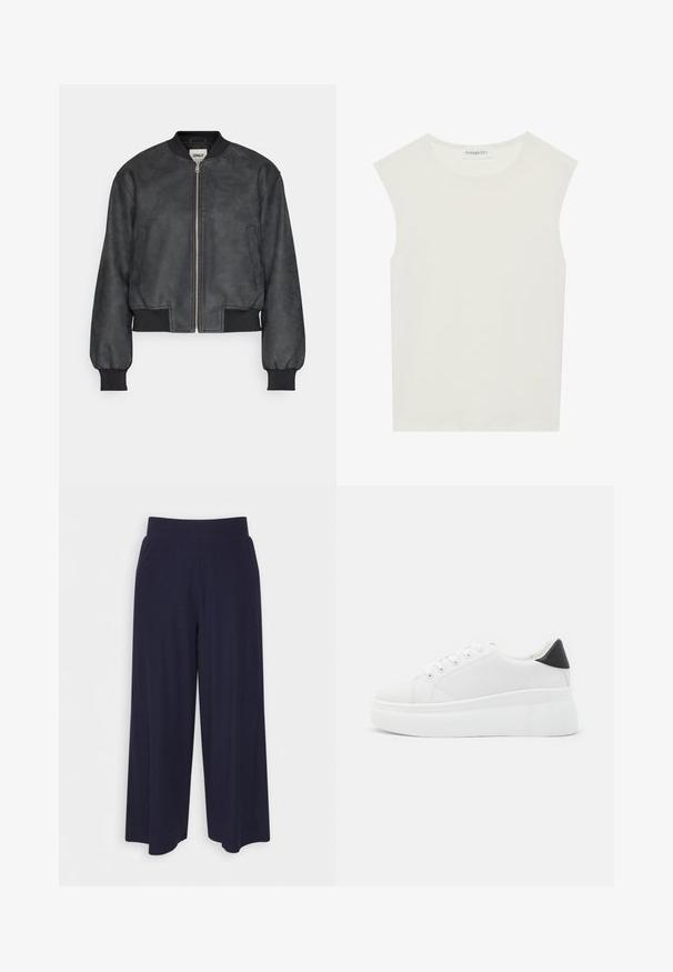 Schwarze Bomberjacke aus glattem Kunstleder, mit Reißverschluss vorne, gerippten Ärmelbündchen und seitlichen Taschen, in verkürzter Silhouette.; Weißes ärmelloses Top mit rundem Ausschnitt. Hergestellt aus glattem Stoff, hat es einen lässigen Schnitt und minimalistisches Design. Keine Muster oder Akzente.; Weit geschnittene Hosen aus dunkelnavy Stoff mit strukturiertem Rippendesign. Merkmale sind ein glatter Hosenbund und eine luftige Silhouette, die bis zur Mitte der Wade reicht.; Weiße Plateausneaker aus glattem Kunstmaterial, mit runder Zehenform, Schnürdesign und einer strukturierten Gummisohle. Schwarzer Fersenakzent.