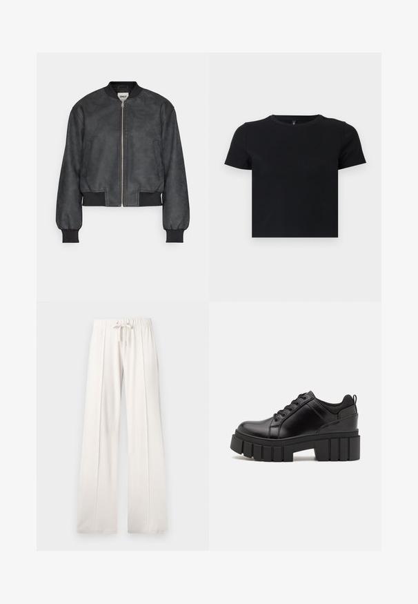 Schwarze Bomberjacke aus glattem Kunstleder, mit Reißverschluss vorne, gerippten Ärmelbündchen und seitlichen Taschen, in verkürzter Silhouette.; Schwarzes T-Shirt mit kurzen Ärmeln aus weicher Baumwolle. Hat einen runden Ausschnitt und ein tailliertes Design. Glatte Textur ohne Muster oder Akzente.; Hellbeige Sweatpants aus weichem Stoff, mit einem Kordelzugbund, weitem Bein und vertikalen Nähten, mit einer glatten Textur.; Schwarze Lederplateauschuhe mit klobigem Blockabsatz, runder Zehenpartie und traditionellem Schnürdesign. Verfügt über eine glatte Textur und minimale Details.